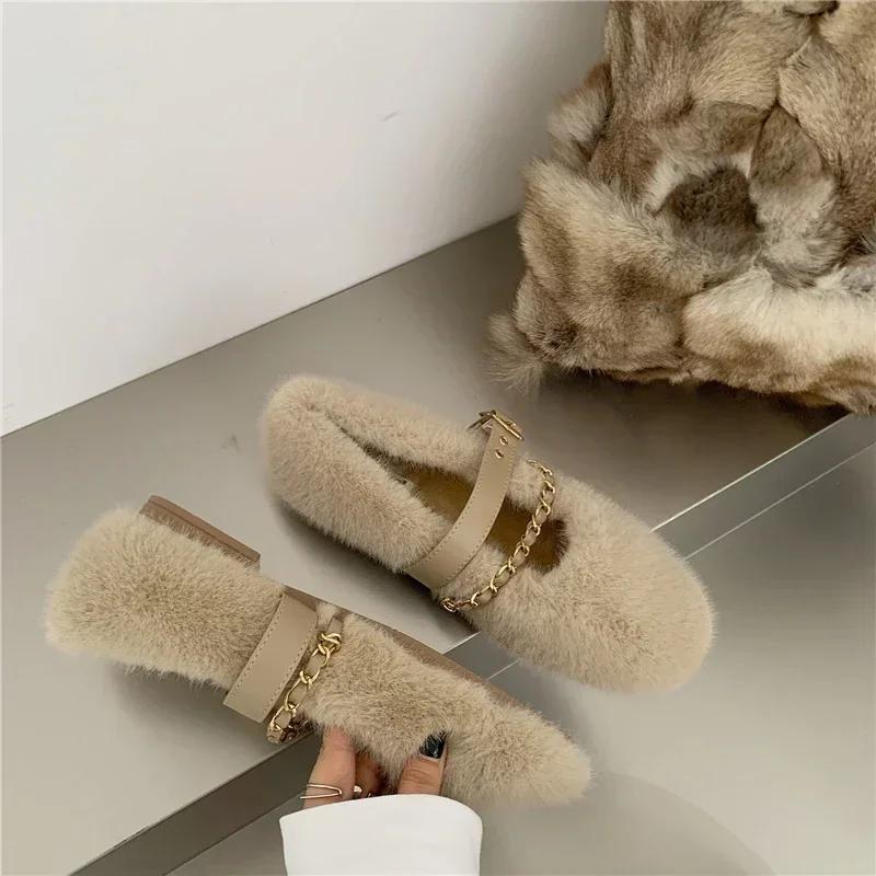 

Дизайнерские весенне-осенние женские теплые меховые туфли, модные женские туфли без шнуровки на плоской подошве с круглым носком, женские туфли Мэри Джейн 35