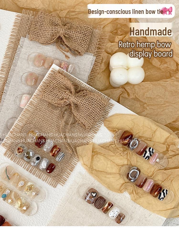 Original Handmade Retro Nail Art Display Board with Burlap Bow and Wearable Nails Pattern.