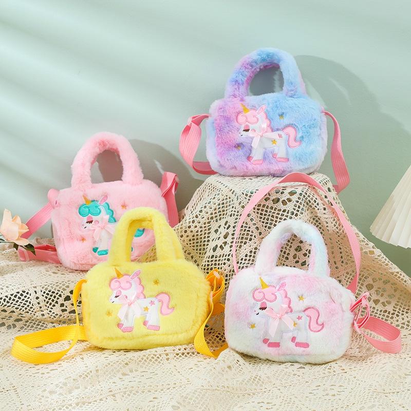 Colorful Plush Unicorn Handbag For Little Girls Lightweight And Breathable With Zippered Inner Pockets Yellow
