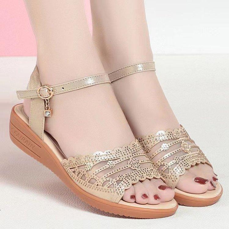 Foreign Trade Wedge Sandals Women's 2024 Summer New Mid-heel Wedge Heel Flat Bottom One-word Buckle with Open-toe Mesh Women's Shoes