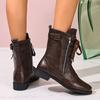 Fashion Lace-Up Front Block Heel Single Boots Women's Fashion Round Toe Spliced Soft Sole Anti-Slip Wear-Resistant Short Shoe