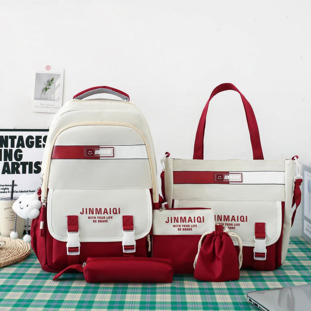 Student Backpack Five Piece Set With Simple Letter Print For High School And Middle School Students