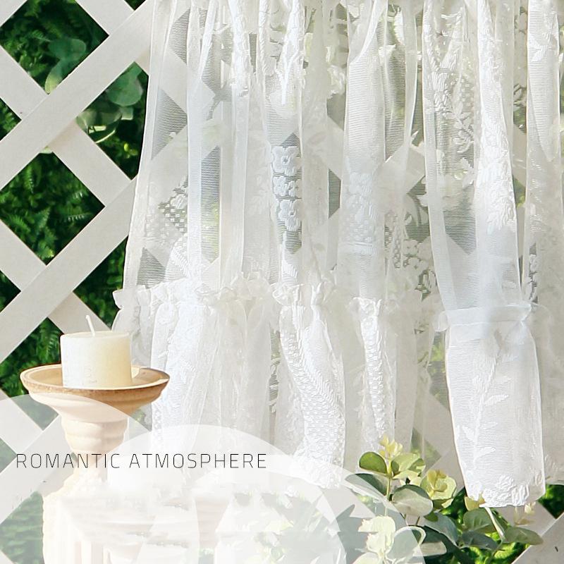 

French Style Short Curtains for kitchen Polyester Lace Jacquard Half Tulle Ruffle Curtain Wine Cabinet Door Window Small Valance W100 x H40cm&Threading Rod