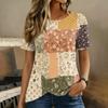 Damen Kurzarm Rundhals Oberteil Blumenprint Knopfdetail Lässiges T-Shirt Bluse Leichter Weicher Stoff Patchwork Design