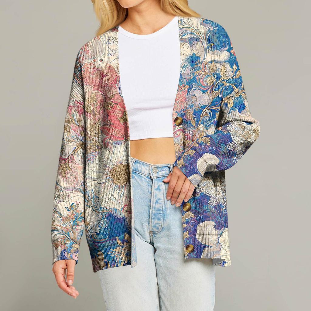 Dame Mote Langermet Juleprint V-Hals Knapper Løs Cardigan Topp