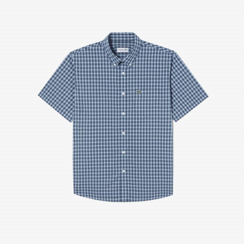 

LACOSTE Мужская рубашка из поплина в клетку с коротким рукавом [Синий]