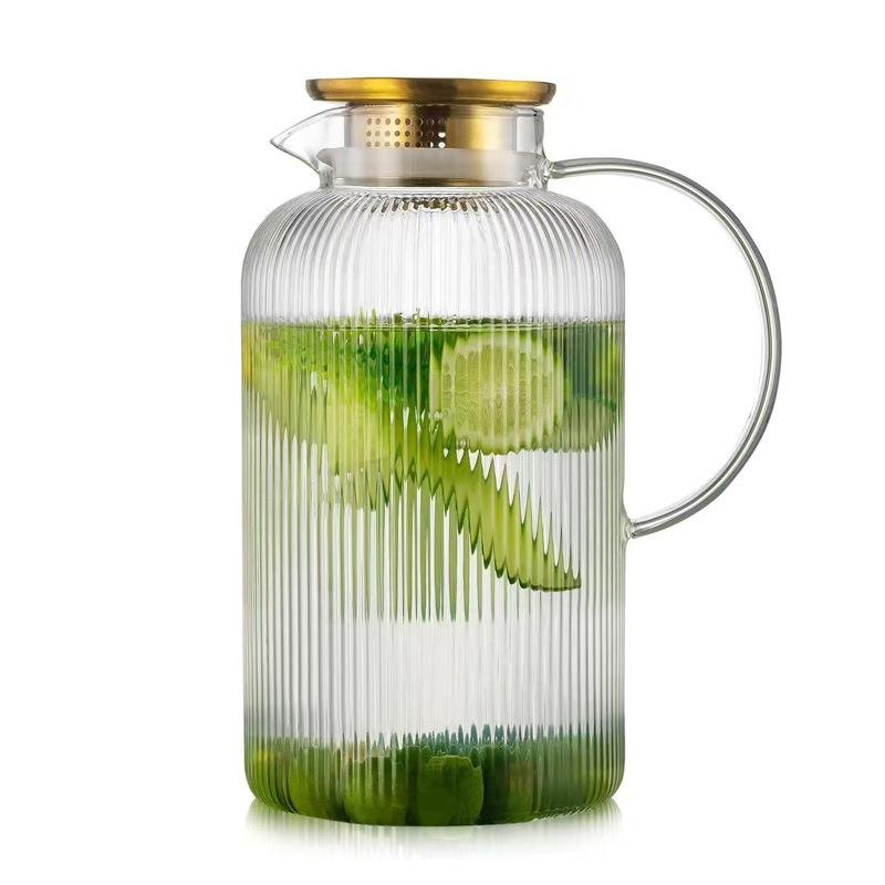 JUSTINLAU 1PC Striped Cold Water Pitcher High Borosilicate Glass Water Kettle with Gold Lid 3L Summer Fruit Tea Juice Glass Jug
