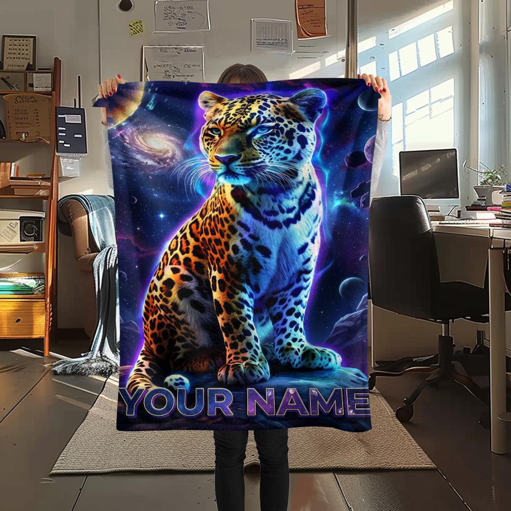 1PC Custom Name Galactic Leopard Majesty Patterned Flannel Blanket Suitable For All Seasons for Home Decor Warmth and Comfort Gifts Holiday Present_lx