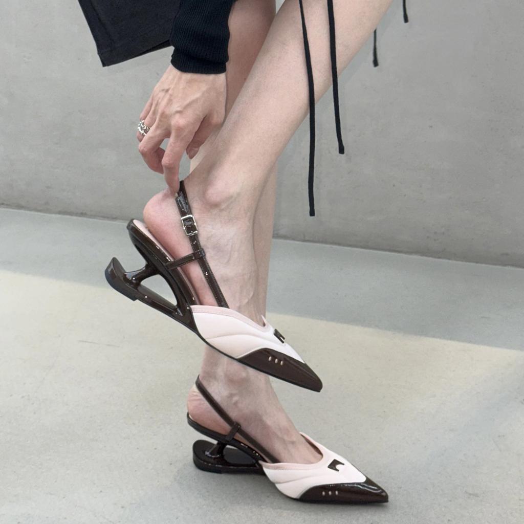Cowhide version~ niche pointed head special-shaped heel high heels women's ballet style one-word buckle Mary Jane shallow mouth single shoes