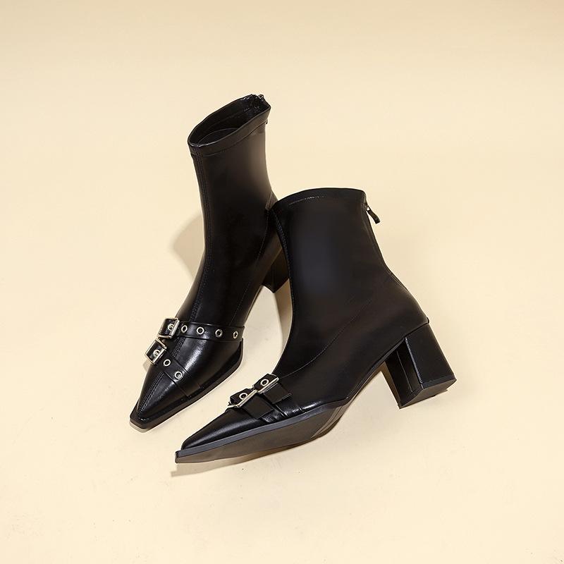 Thick heel pointed temperament thin French small short boots women's shoes 2025 new spring and autumn single boots black Martin boots