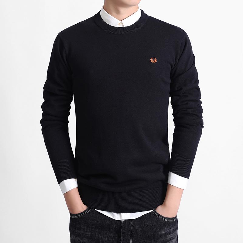 Мужской хлопковый свитер корейского стиля, облегающий, с круглым вырезом, с длинным рукавом, осенне-зимний трикотаж L чёрный