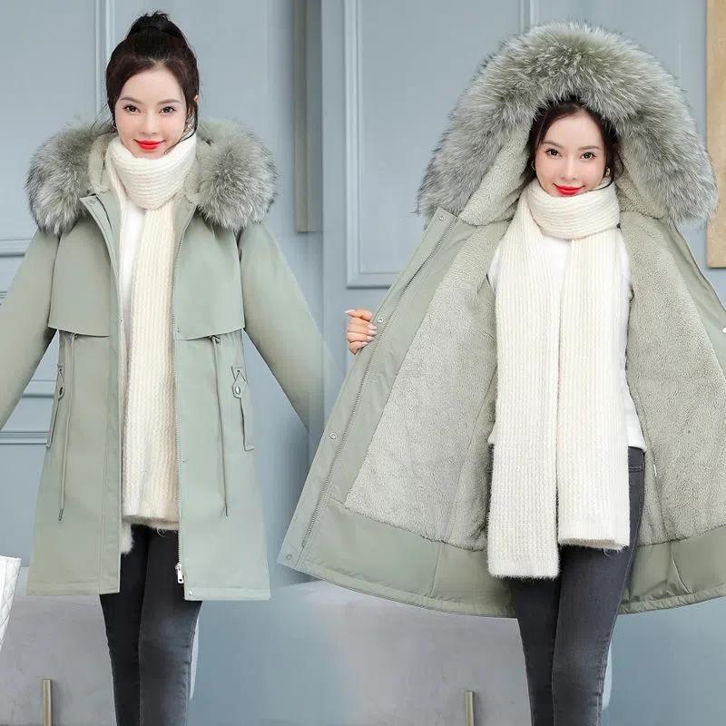 Women Winter Jacket Slim Long Coat Casual Parkas Big Fur Collar Wool Liner Hooded Outwear Cotton Warm Coats Female