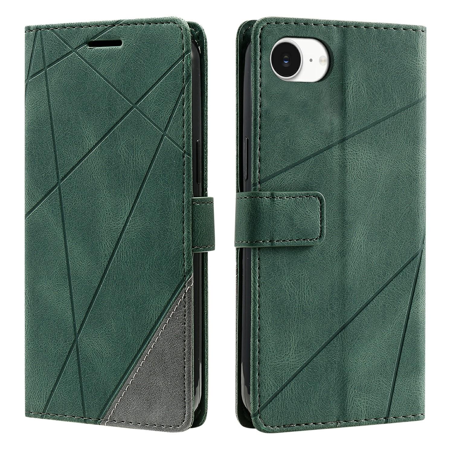 

For iPhone 16e Case Imprinted Lines PU Leather Splicing Wallet Phone Cover Green