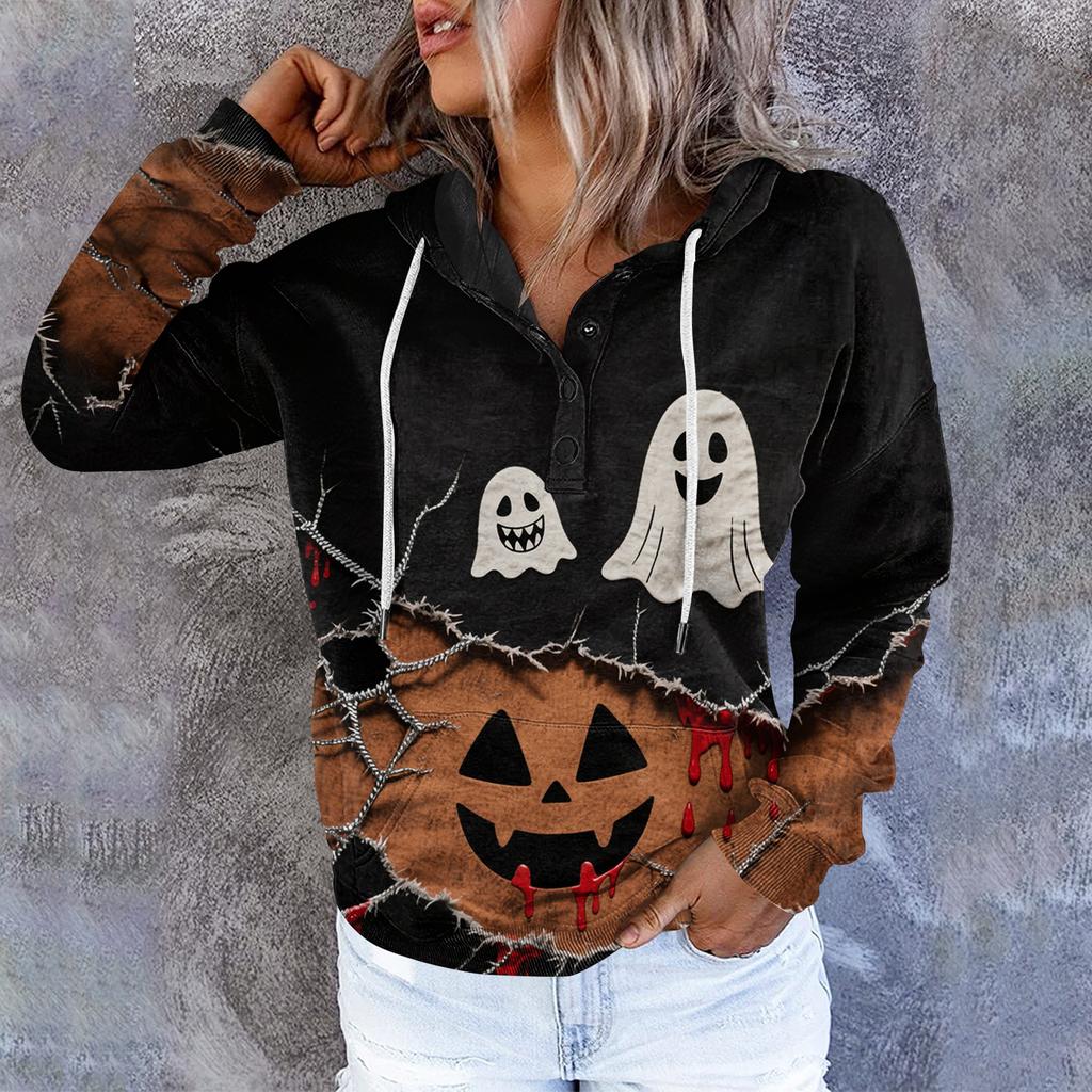 Women's Casual Round Neck Long Sleeved Top With Shattered Halloween Print Hooded Sweatshirt