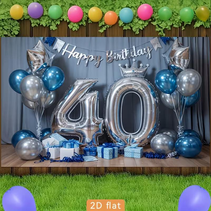 2D Blue Silver 40th Birthday Photography Backdrop Crown & Balloon Party Background