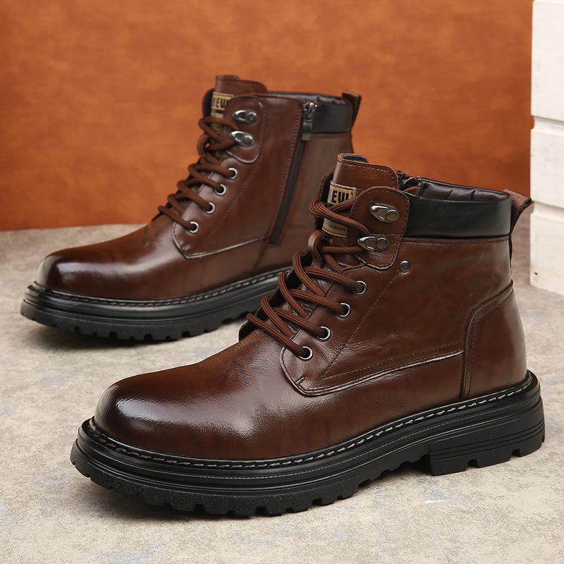 Autumn Winter Cow Leather Boots for Men Anti-slip Thick-soled Fleece Warm Men's Shoes New Designer Platform Fashion Work Boots