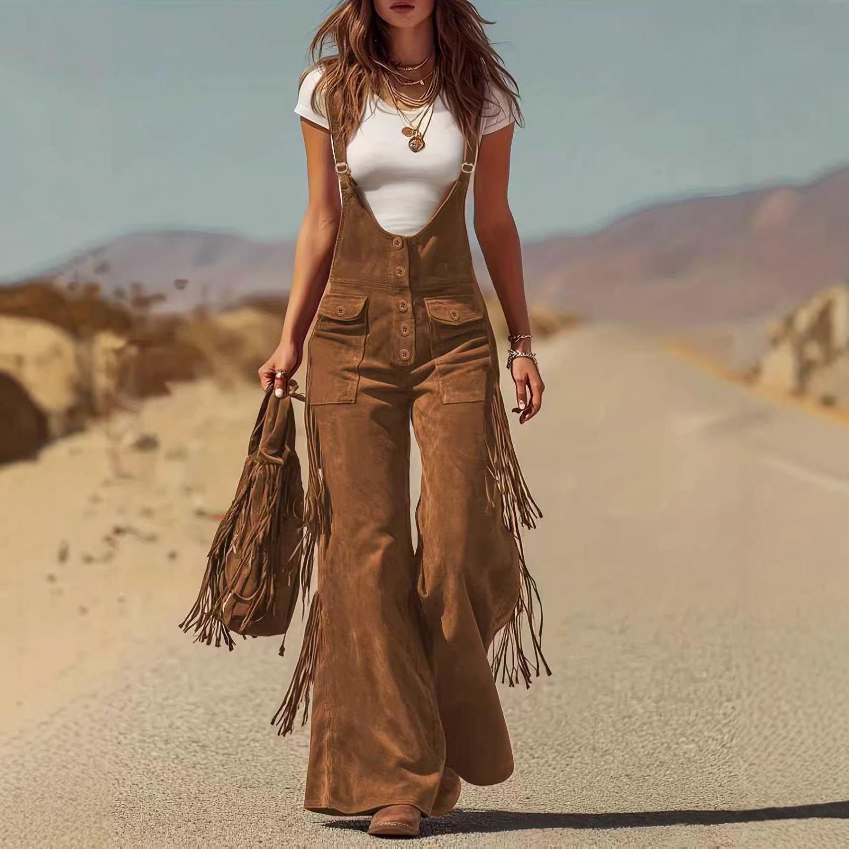 2026 Retro Western Suede Fringe Wide-Leg Overalls Small