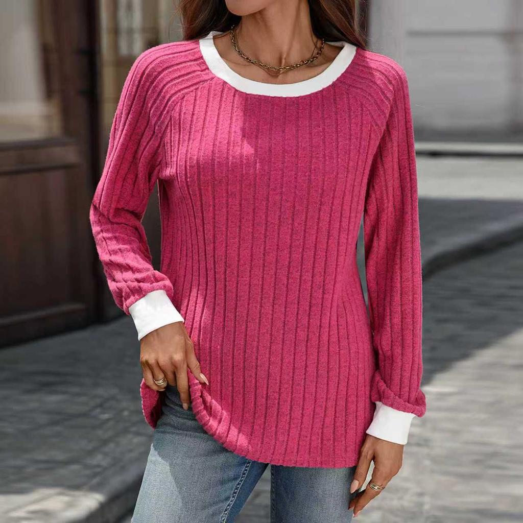 Women's Autumn and Winter New Round-neck Contrasting Color Long-sleeved Striped Sweater T-shirt