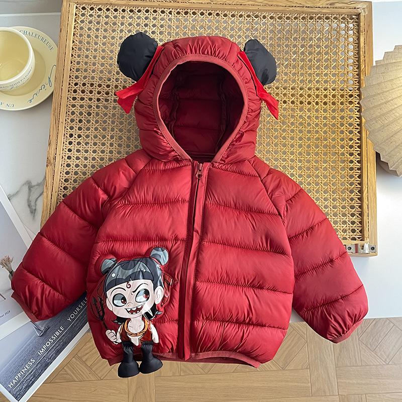 Kinder Nezha verdickte kurze Baumwolljacke Herbst und Winter Jungen niedliche Cartoon-Print Mäntel Mädchen warme Kapuzenjacken