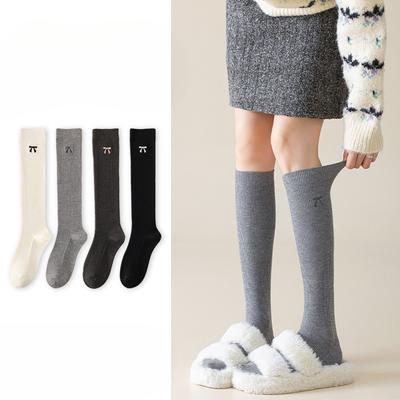 Female Spring and Autumn Fashion New Solid Color Embroidery Calf Pile Pile Cotton Socks