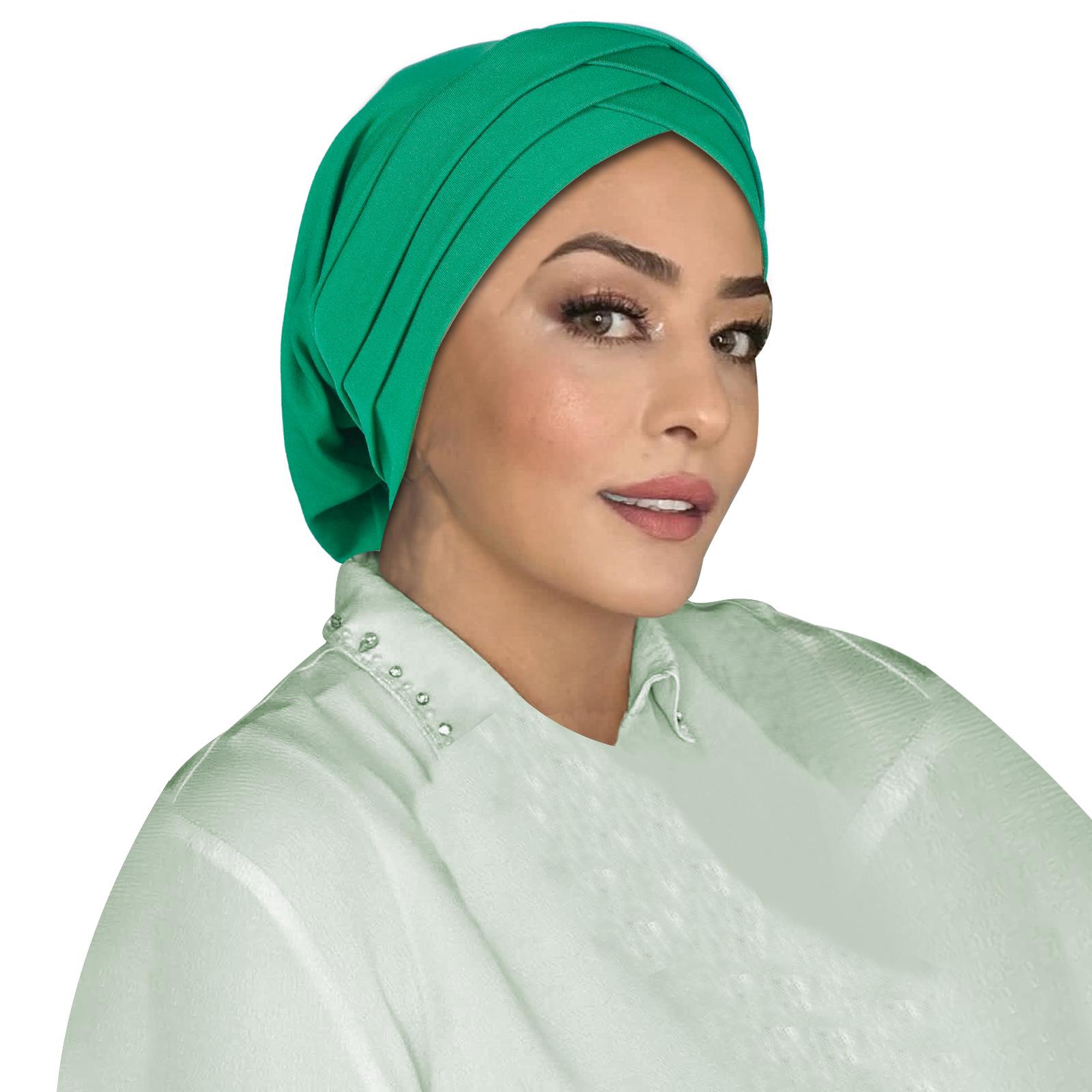 

Women Solid Color Baggy Beanies Muslim Inner Hijab Hat Cross Underscarf Chemo Cap Hair Loss Headscarf Head Wrap Turbante Mujer зелений