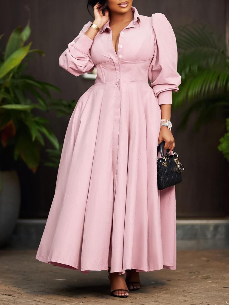 D570 Elegant Women's Long Sleeve Swing Shirt Dress, Solid Color Mid-Length African Style