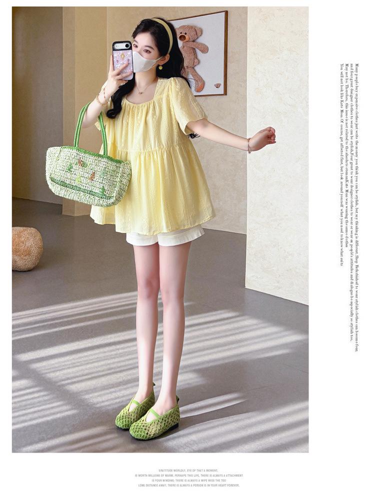 Summer 2026 Korean Maternity Lace Embroidered Doll Top & Tummy Support Shorts