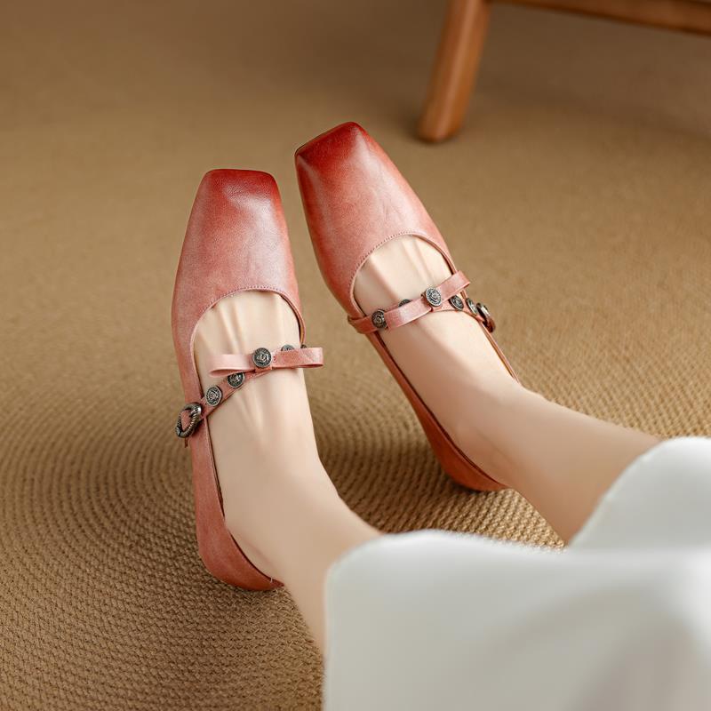 Sheepskin~ New Retro Single Shoes Women's Skirt Beautiful Small Leather Shoes Bow Metal One-word Buckle Mary Jane Shoes