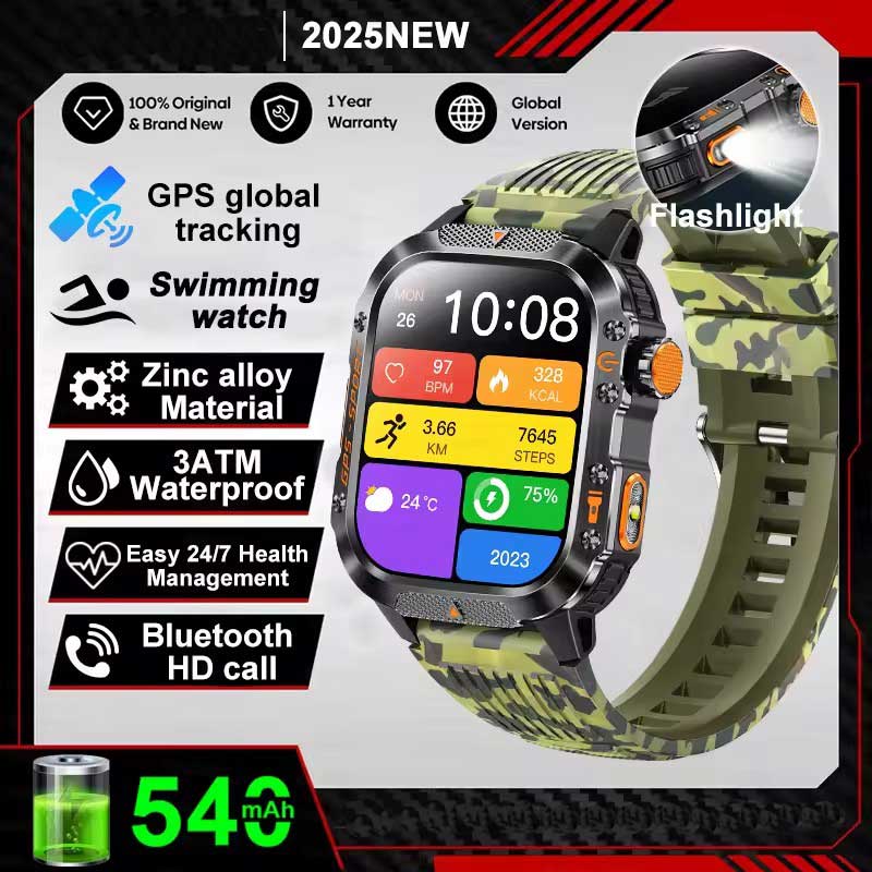 Vojenské chytré hodinky s vestavěným GPS, kompasem, výškoměrem, vodotěsností 3ATM IP69K, AMOLED displejem, Bluetooth voláním, 2,01" chytré hodinky pro Android a iOS