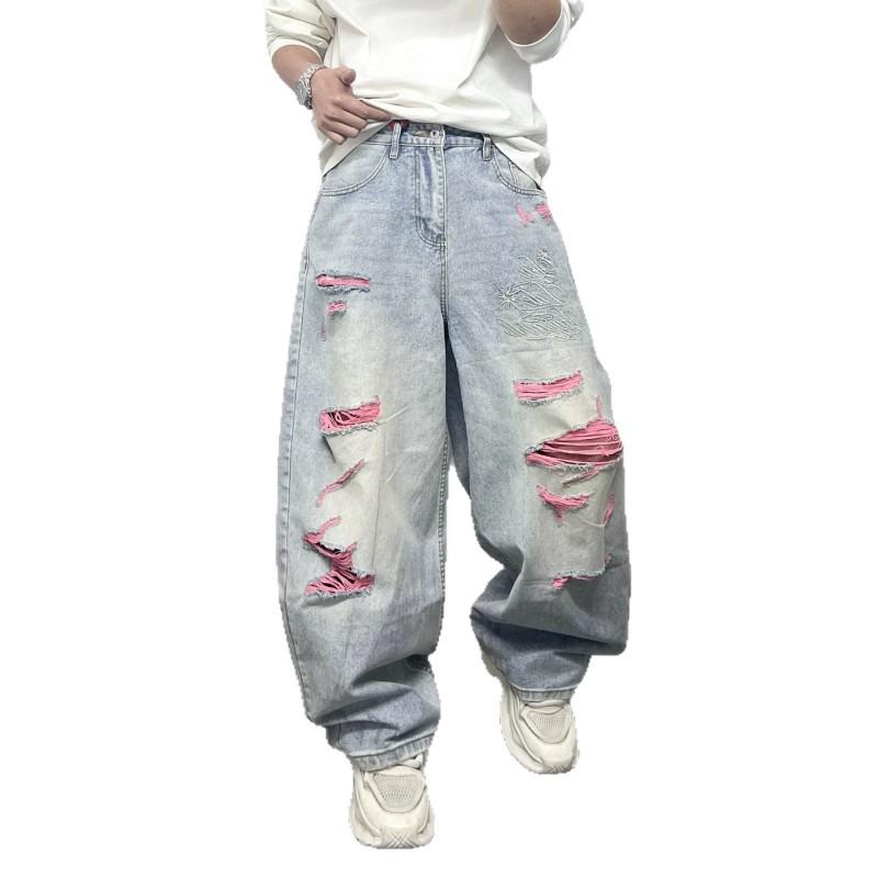 Vintage Embroidered Pink Distressed Denim Jeans Unisex Loose Wide Leg Pants Casual Streetwear