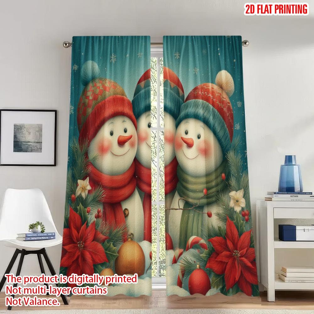 

Set Of 2 Flat Printing Christmas Party Curtains Snowmen Poinsettia Garland Digital Printed Polyester Drapes Festive Made W100*H70(CM)-Hooks&1PCS