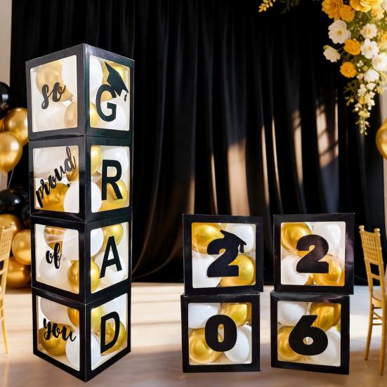 4 Pcs 2026 Grad Balloon Boxes Black Balloon Boxes with Letters So Pround of You Graduation Party Decoration for College High School Class of 2026