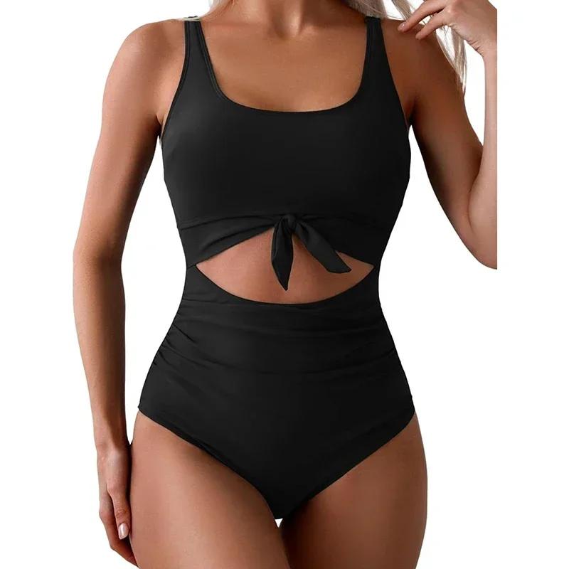 Ruched Tie-Knot Tummy Control One-Piece Swimsuit Patchwork Printing Women Bandage High Waist Vacation Beach Resort Bathing Suit