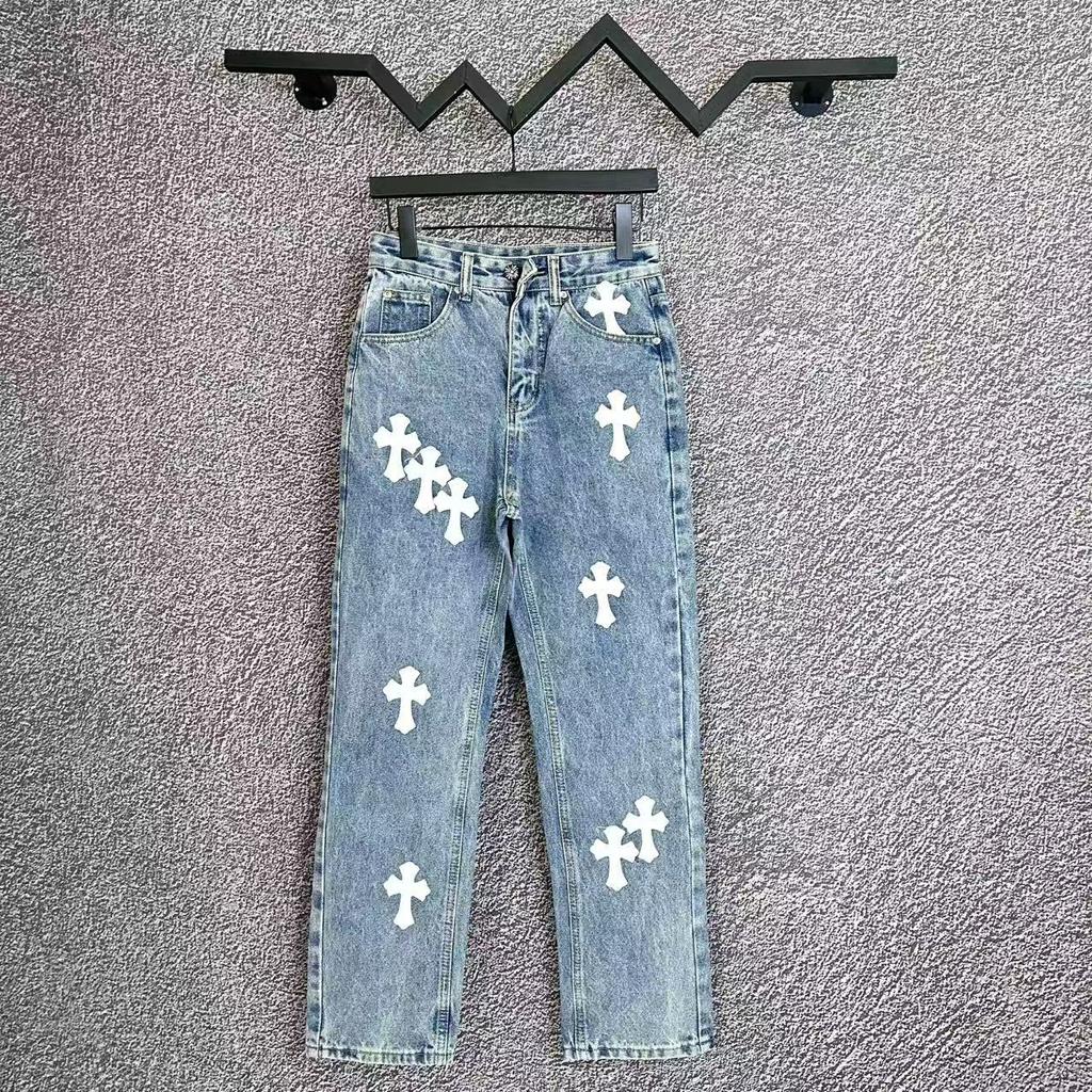 9912 CHROME HEARTS Men's and Women's American Style Trendy Jeans with Fabric Patches, Holes, Embroidery, Casual and Fashionable High Street Pants