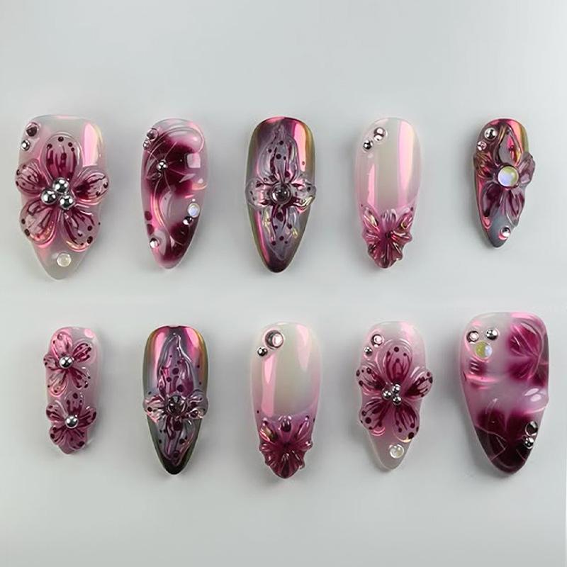 24PCS Colorful 3D Cherry Flowers Almond False Nails with Glue Leopard Print French Press on Nails Full Cover Golden Heart Nails
