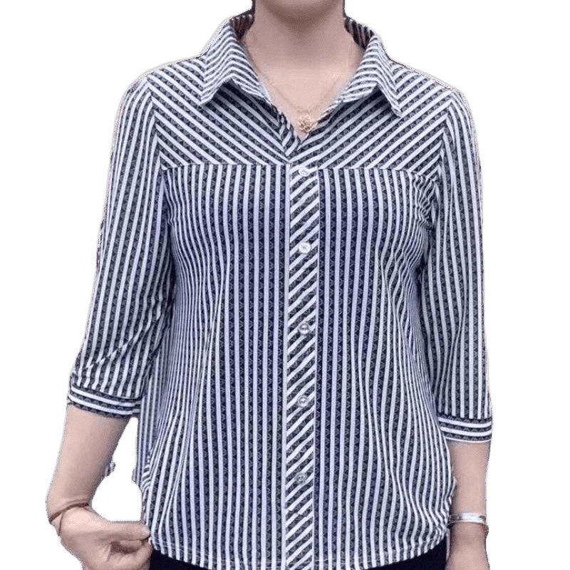 Camicia a Righe Stampata All-match Larga Moda Estiva Abbigliamento Donna Nuova Manica 3/4 Casual Collo a Revers Bottoni Camicette