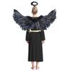 Womens Angel Cosplay Costume Long Sleeve Gold Trim Angel Dress Gown Feather Wings Headwear Set