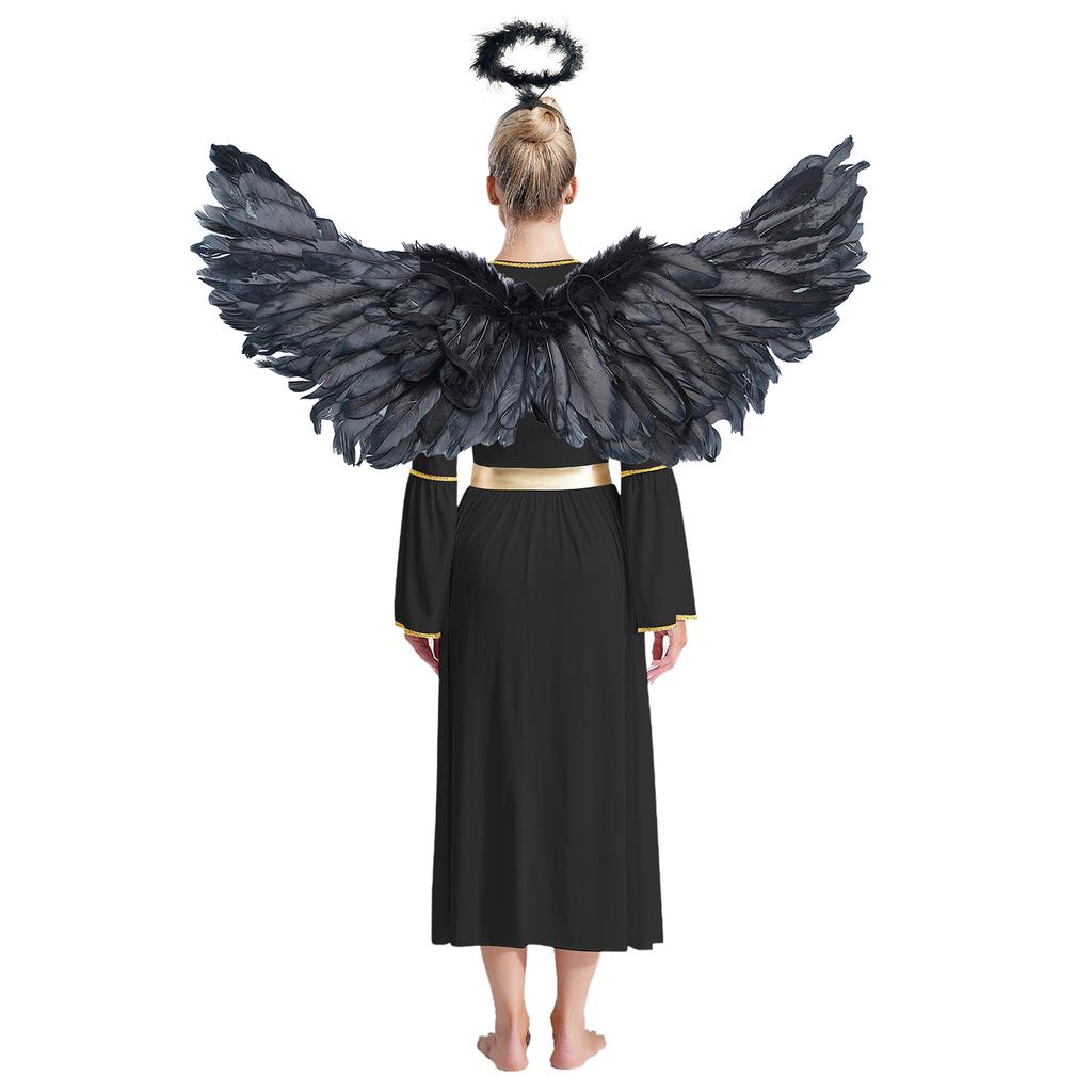 Womens Angel Cosplay Costume Long Sleeve Gold Trim Angel Dress Gown Feather Wings Headwear Set