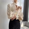 Blouse Élégante à Volants Creux Mode Coréenne pour Femmes Chemise Business Décontractée à Col Montant Manches Longues Tops Amples Unis