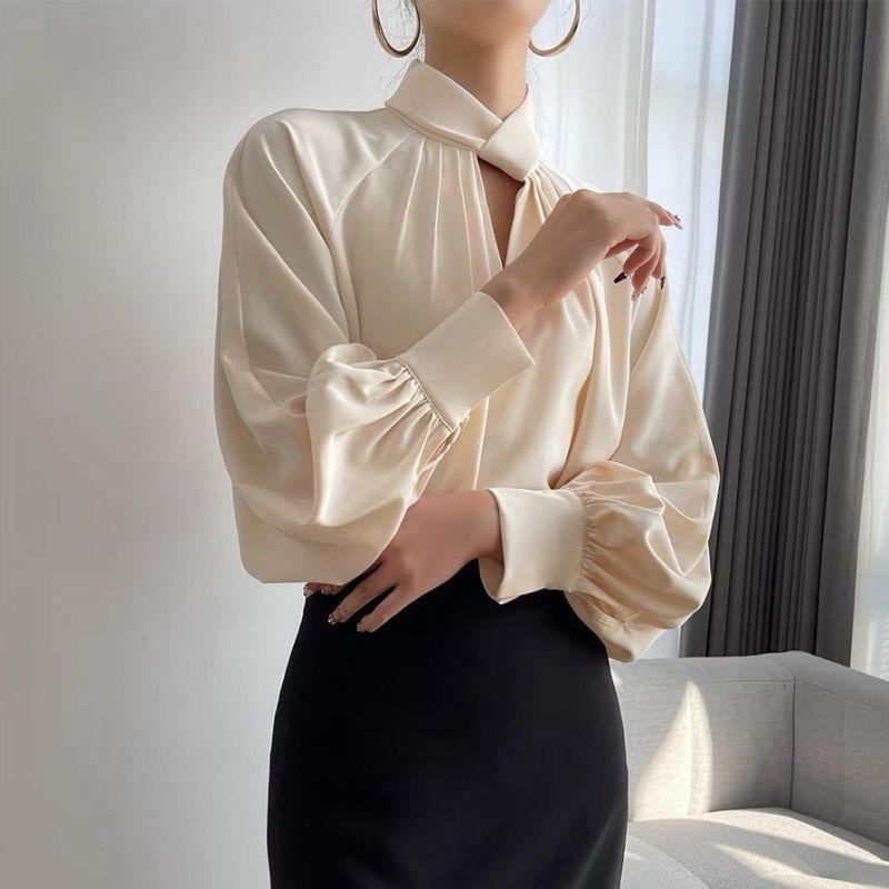 Blouse Élégante à Volants Creux Mode Coréenne pour Femmes Chemise Business Décontractée à Col Montant Manches Longues Tops Amples Unis