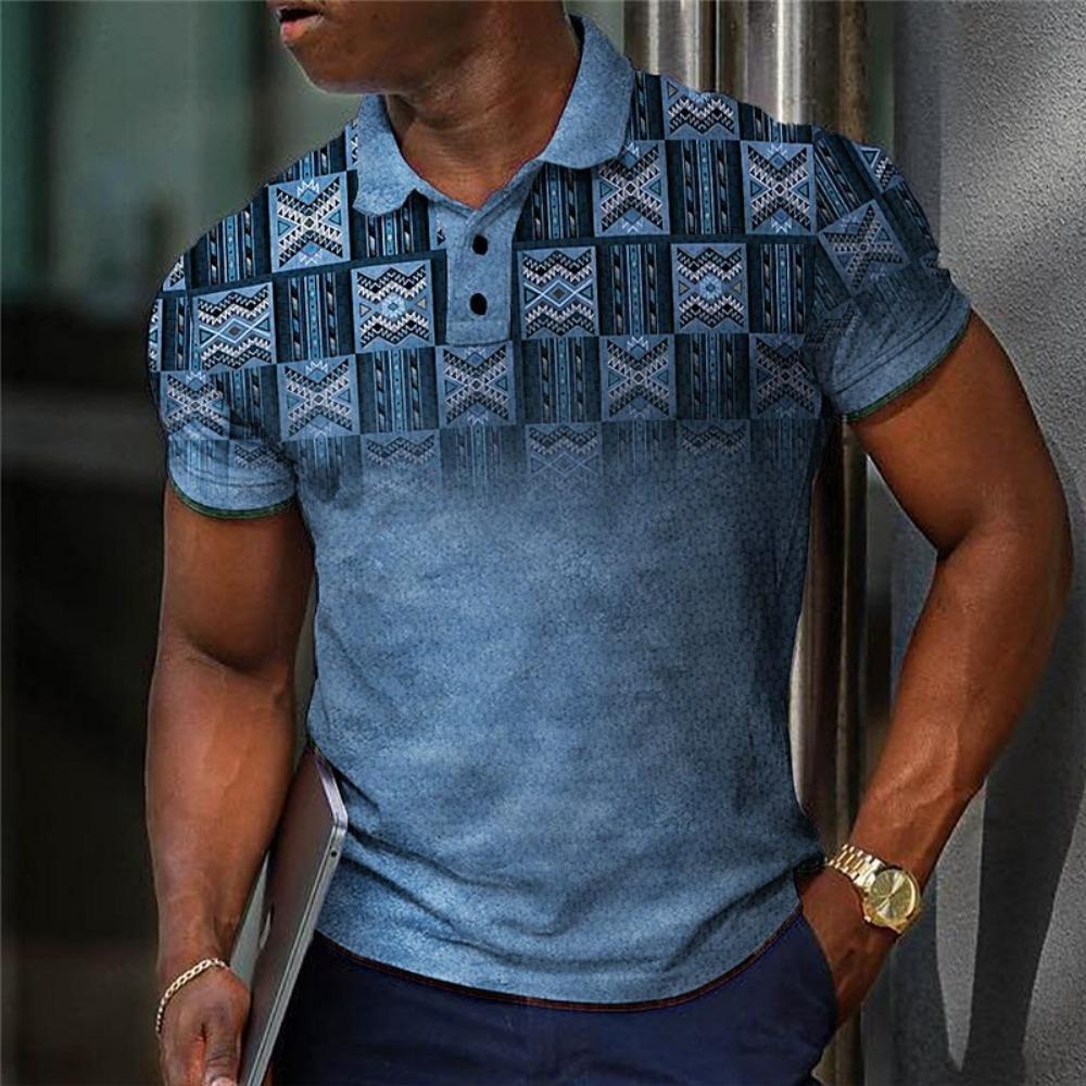 Geometric Color Blocking Pattern 3D Digital Printing Men's Casual Polo Shirt
