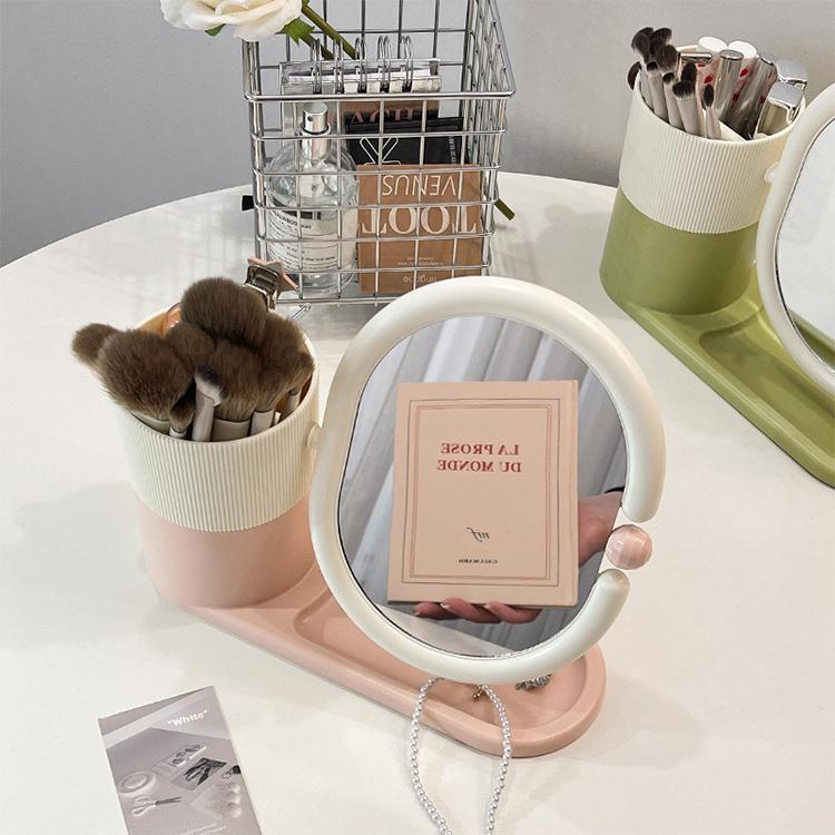 Rotatable Makeup Mirror with Storage Box, Desktop Cosmetic Brush Holder, Multifunctional Table Vanity Mirror Tray