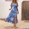 Women's Summer Maxi Dress One Shoulder Collar Sleeveless Printed Long Dress Loose High Waist Belt Slit Ankle-Length Dresses