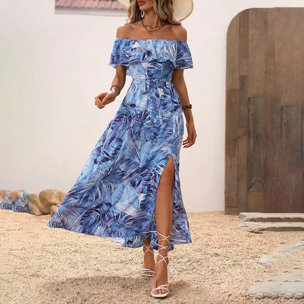 Women's Summer Maxi Dress One Shoulder Collar Sleeveless Printed Long Dress Loose High Waist Belt Slit Ankle-Length Dresses