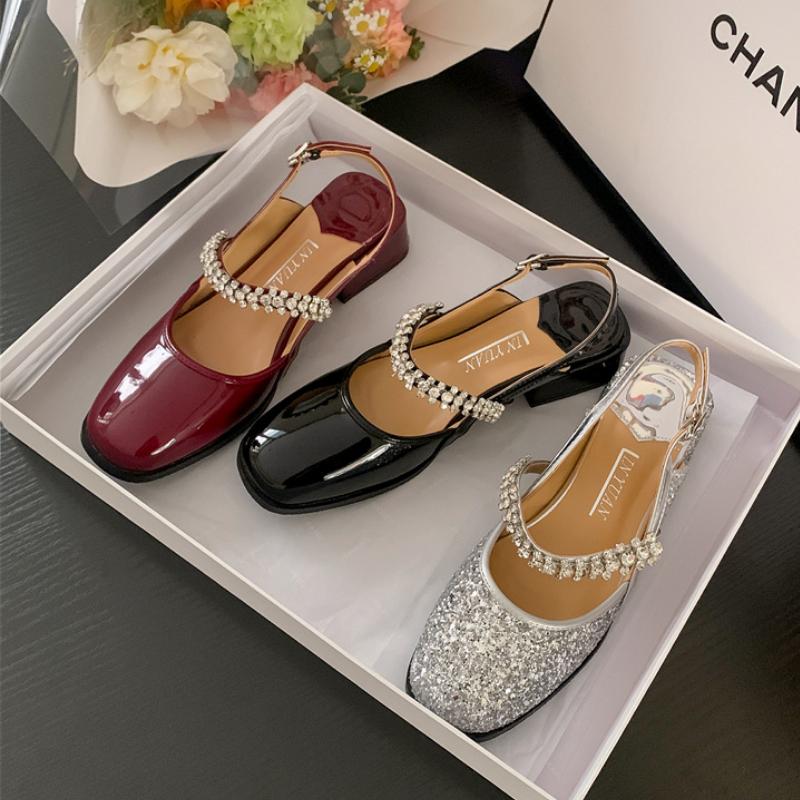 Women's Shoes 2024 Shiny Sequins Square Heel Sandals Women's Party Shoes Fashion Elegant Mid Heel Sandals Chaussure Femme
