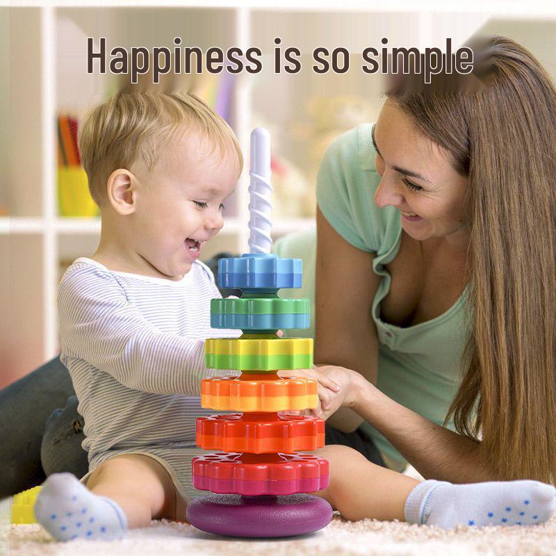 Yiying Cognitive Rainbow Rotating Tower Toy for Toddlers - Educational Geometric Stacking & Spinning Rings