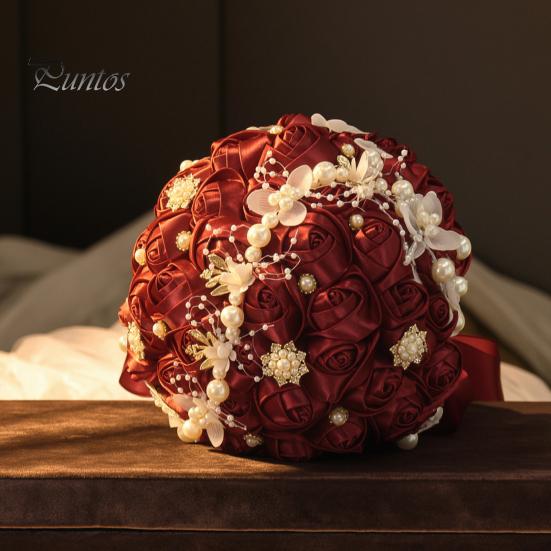 Wedding Ceremony Flower Decorations Artificial Silk Rose Bridal Bouquet with Chiffon Ribbon, Toss Flowers for Ceremony, Bouquets Bridesmaids Flowers,