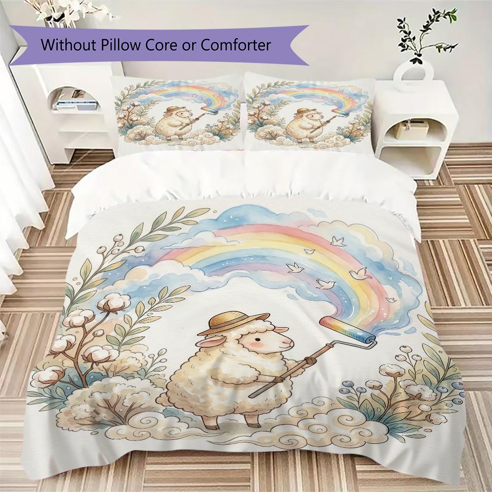 Watercolor Sheep Pattern Bedding Uilt Set Uilt Cover Pillowcase Home Decoration Birthday Gift (1 * Duvet Cover + 2 * Pillowcase Without Core)