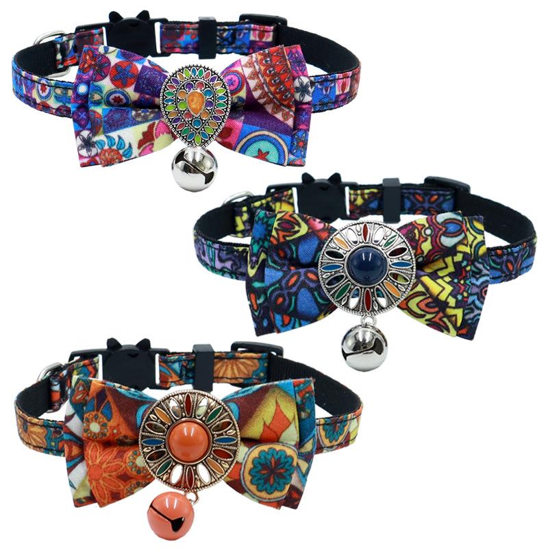 Pet Supplies Eco-friendly Polyester AirTag Tracker Protective Case Retro Color Bohemian Bow Dog Collar Cat Necklace Accessories