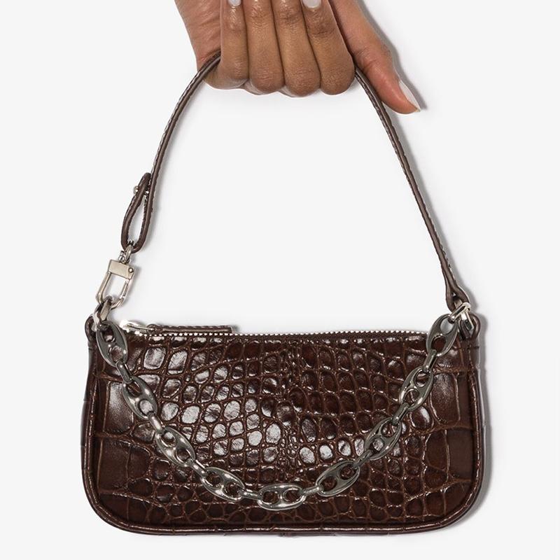 By Far Mini Rachel Series Leather Vintage Crocodile Pattern Chain Baguette Shoulder Bag Women Bags Hazelnut 20CRMIRANEDSMA